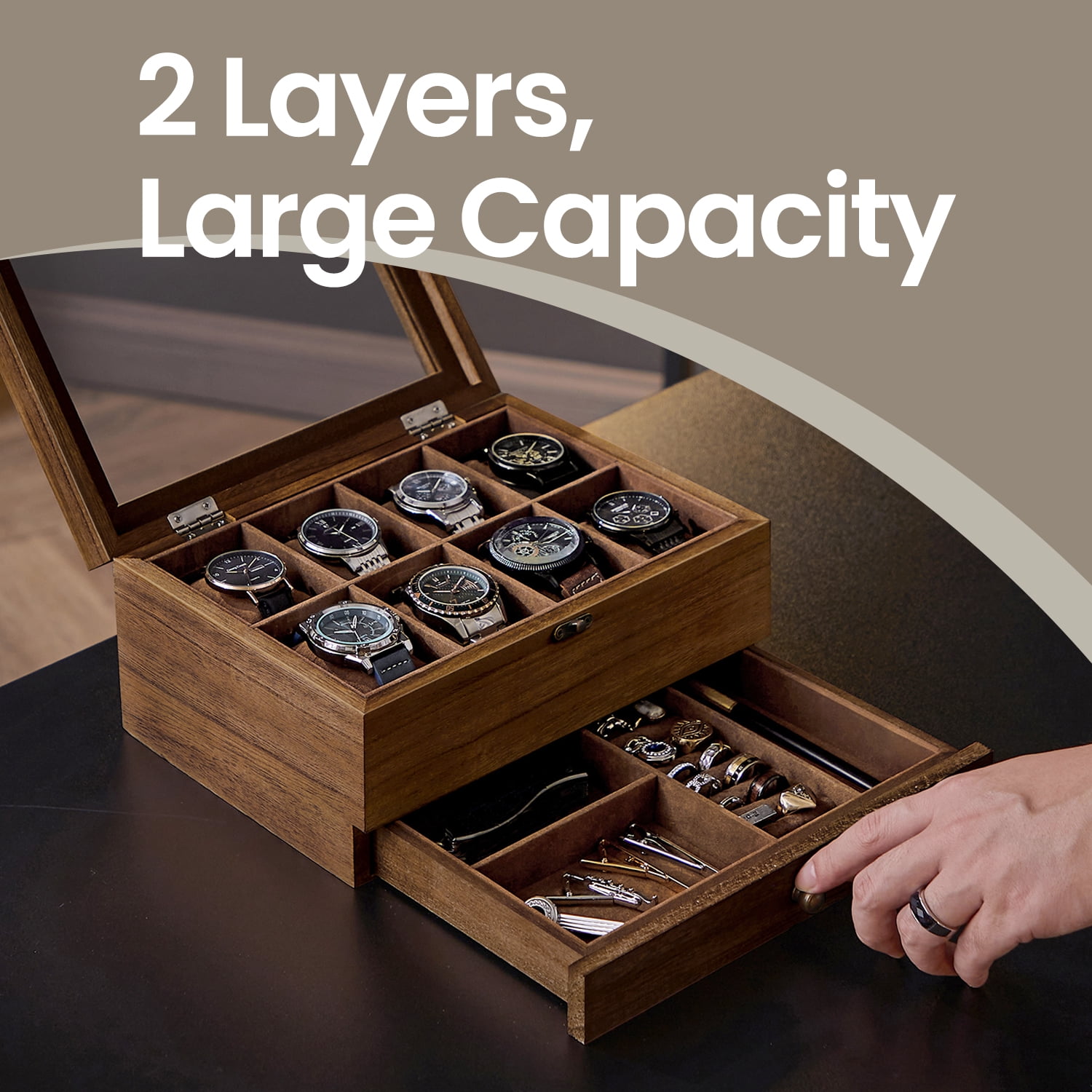 2-Tier Watch Box, 8-Slot Display Case, Rustic Walnut, Glass