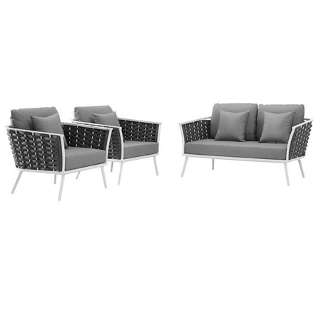 Modern Contemporary Urban Design Outdoor Patio Balcony Garden Furniture Lounge Chair and Sofa Set, Fabric Aluminium, White Grey Gray