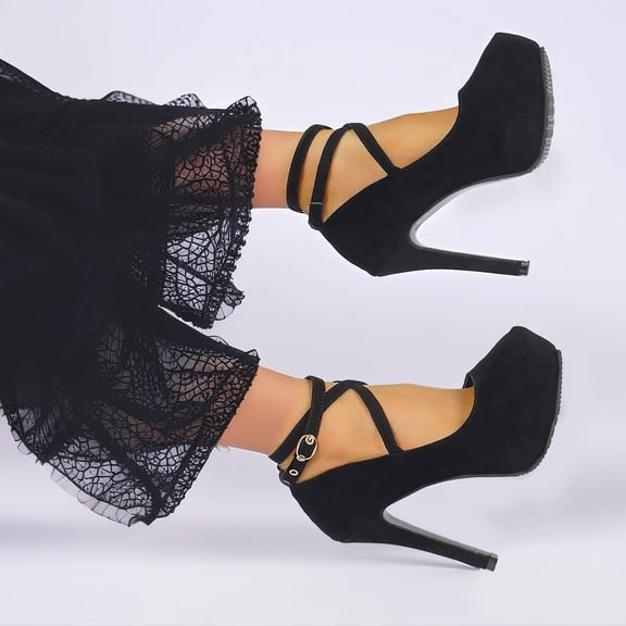 Women's Ankle Strap Pumps, Block Heel, Crisscross Straps and Closed Toe for Weddings and Parties