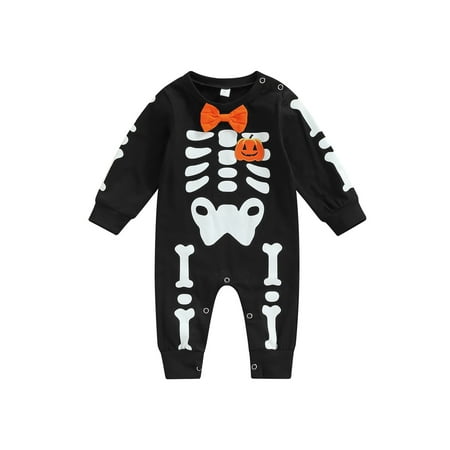 

SHIBAOZI Newborn Baby Boys Girls Romper Crewneck Long Sleeve Skeleton Pumpkin Printed Bowknot Snap Closure Jumpsuit