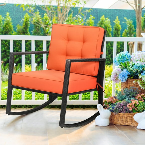 Gymax Outdoor Wicker Rocking Chair Patio Lawn Rattan Single Chair Glider w/ Cushion