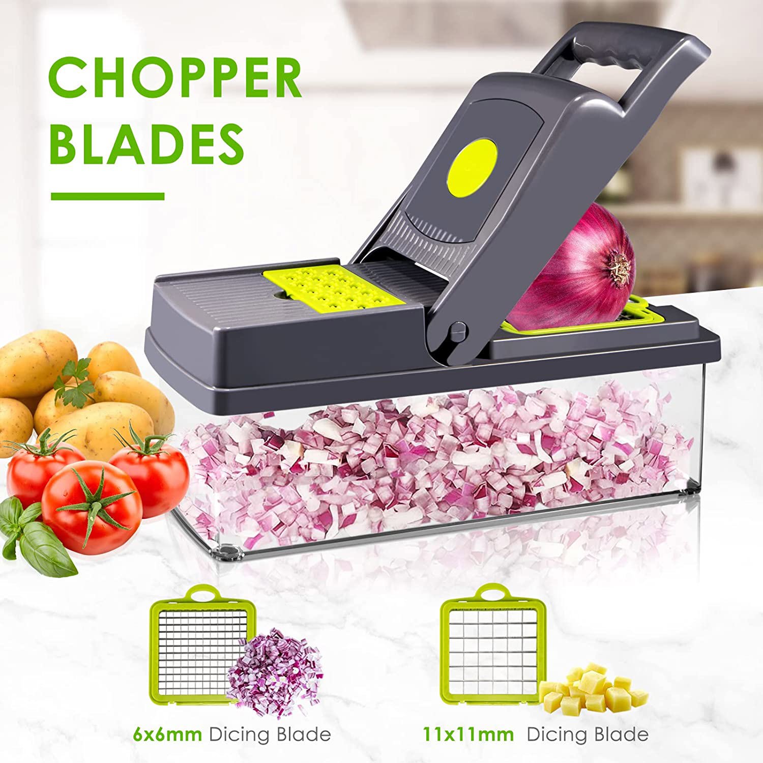 Vegetable Chopper,Pro Veggie Cutter Onion Chopper Potato Chopper,Newly  Upgraded Food Chopper with Cleaning PUSH Button,Large Capacity Container,8  Blades,Hand Guard