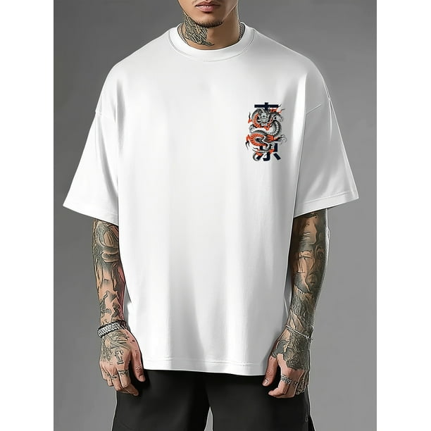 Men's Y2K Dragon & Cherry Blossom Graphic T-Shirt - Casual Summer Tee with Bold Japanese Print, Short Sleeves, and Crew Neck Design, Urban Streetwear | Y2K Fashion | Stretch Fabric