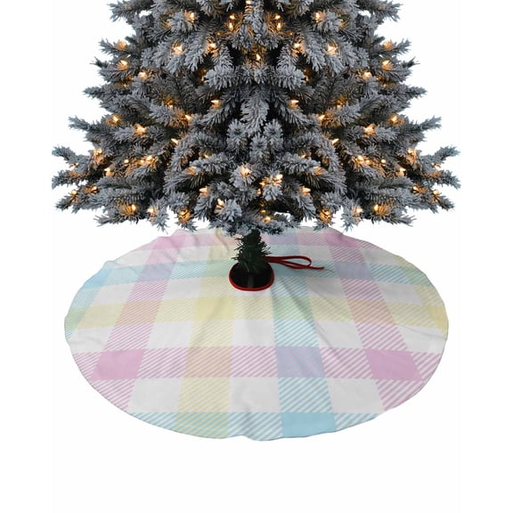 Blue Pink Yellow Checkered Christmas Tree Skirt 48 Inches Large Christmas Skirt Tree, Spring Easter Colorful Striped Tree Skirt Christmas Decorations for Fireplace Party Holidays Indoor Outdoor
