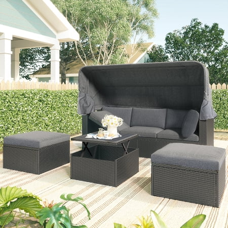 uhomepro Patio Furniture Outdoor Lawn Backyard Poolside Garden Rectangle Daybed with Retractable Canopy and Lifting Table for Backyard Porch Pool, Patio Sectional Sofa Set with Adjustable Back, Gray