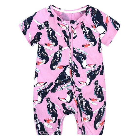 Bodysuits For Toddler Boys Cartoon Dinosaur Prints Zipper Footless Pajamas Cotton Short Sleeve Printing Romper Sleep and Play 6-12 Months