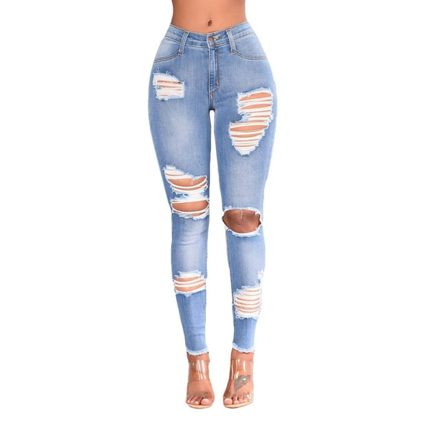 PhoneSoap Women Slim Plus Size Ripped Gradient Long Denim Pants Blue - Walmart.com