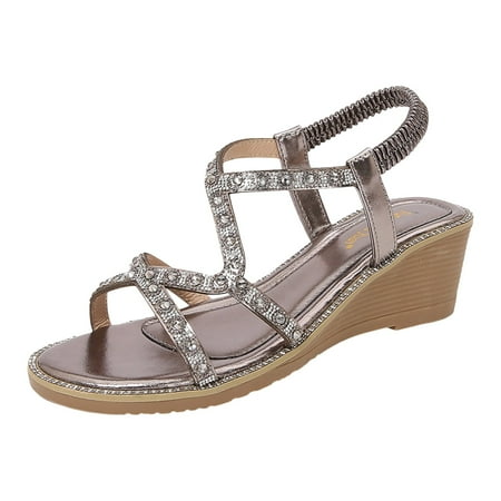 

RUICUW Summer Rhinestone Elastic Strap Sandals Thick Sole Wedge Heel Strap Women s Shoes