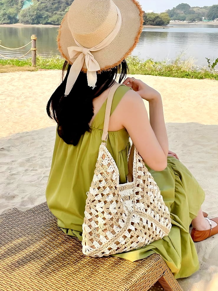 Women Straw Bags Summer Beach Bag Woven Tote Shoulder Bag Lightweight Hobo Handbag(Brown)