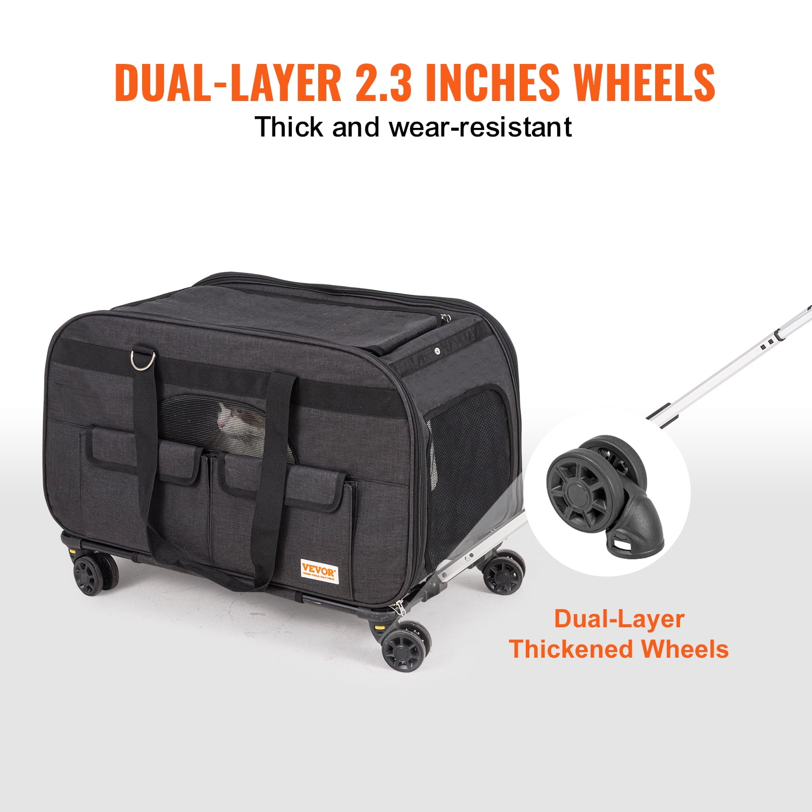 VEVOR Cat Carrier with Wheels, Rolling Pet Carrier with Telescopic Handle and Shoulder Strap, Dog Carrier with Wheels for Pets under 35 lbs, with 1 Folding Bowl, Black