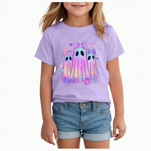CAUYDY Halloween Shirt for Kids Girls Funny Boo Pumpkin Ghost T-Shirt Retro Flower Spooky Season Short Sleeve Tee Tops(A01-Purple,8-9 Y)