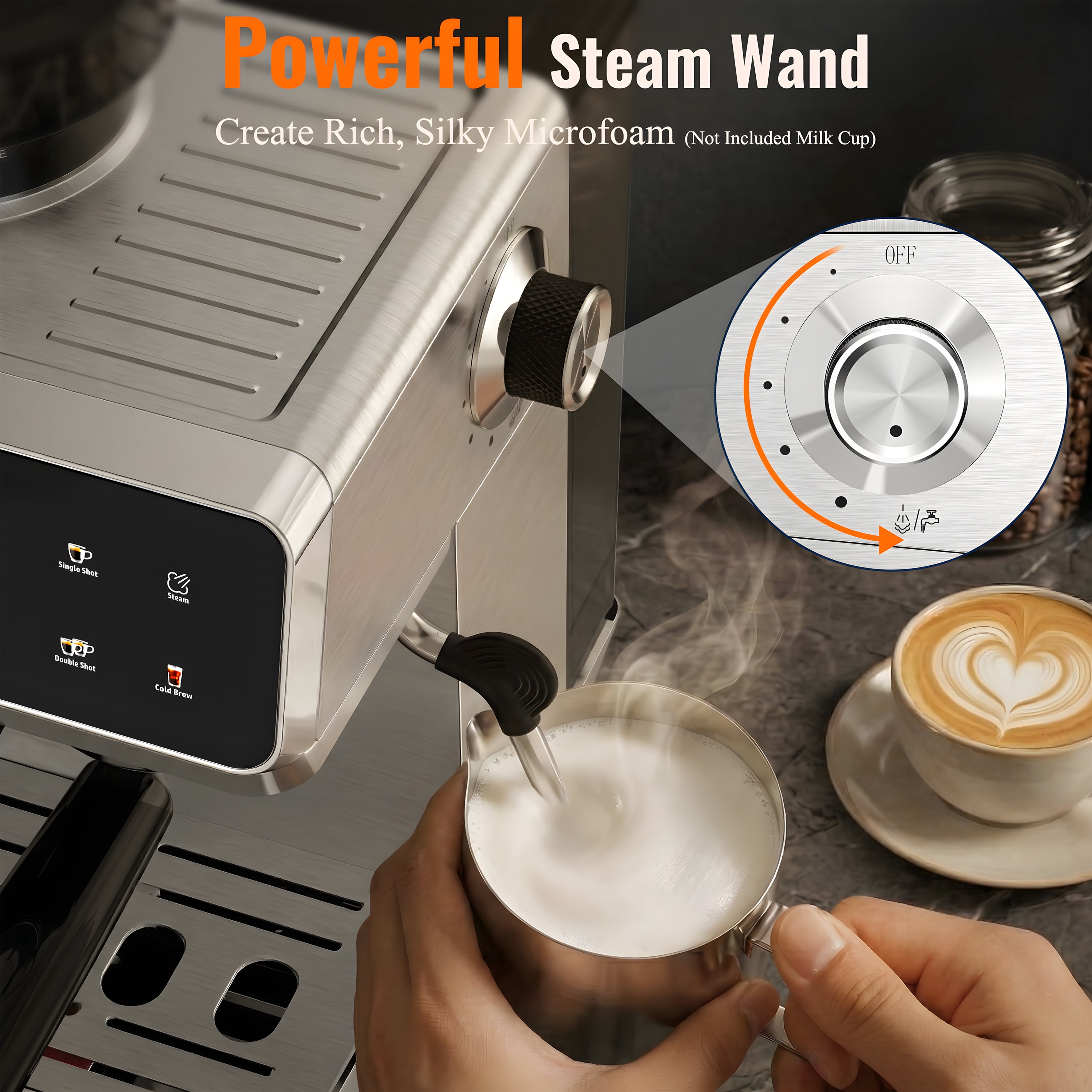 Hausmojo CM1620 Espresso Machine with Grinder and Frother, 20‑Bar Pump, Cold Brew, Latte & Cappuccino, Stainless Steel