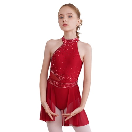 YEAHDOR Kids Girls Lyrical Skating Dance Costume Sleeveless Shiny Rhinestone Flowy Gymnastics Leotard Dress Burgundy 8