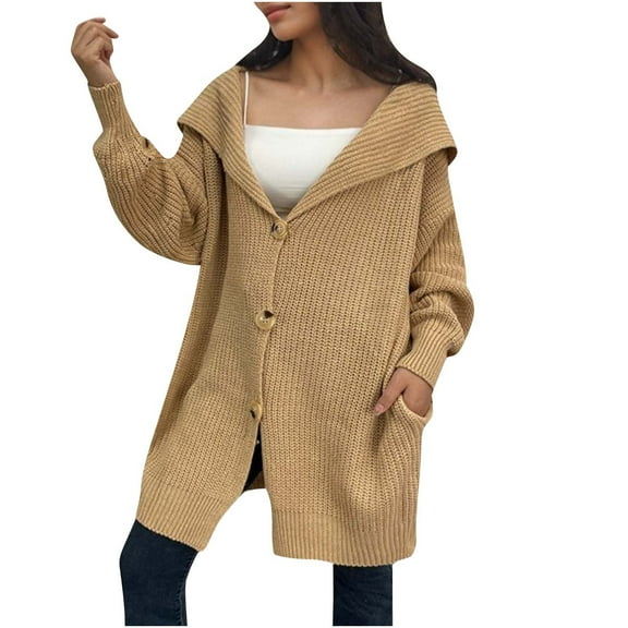 Sweaters for Women Hooded Cardigan Long Sleeve Solid Button Down Knit Sweater Coat Outwear With Pockets