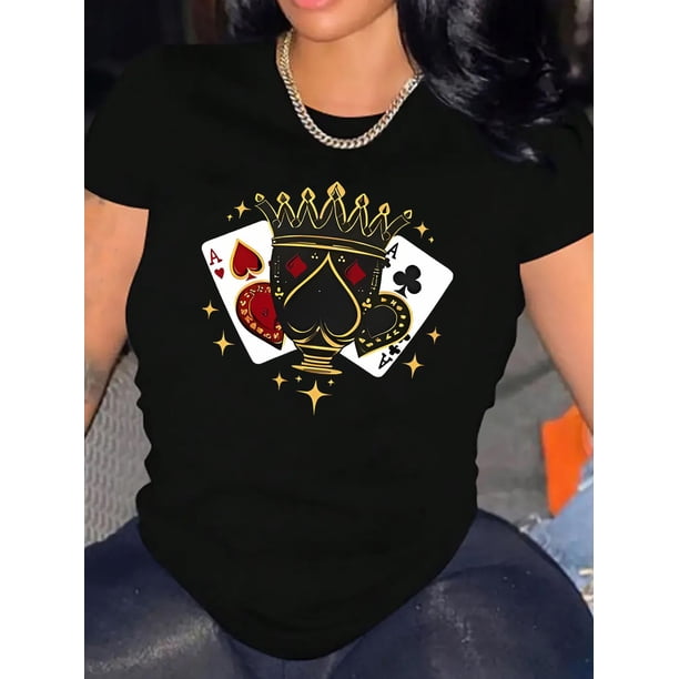 Camiseta Básica para Mujer Verano TranspirableElegant Style, Women's Casual Crown of Spades Graphic T-Shirt - Stylish Round Neck Short Sleeve, Comfortable Polyester Blend, Perfect for Summer Fashion
