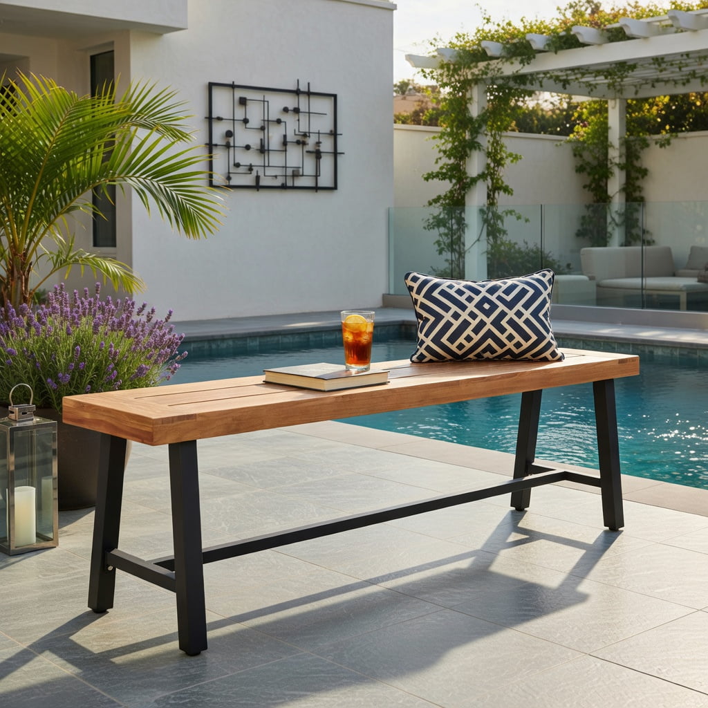Hommoo 63" Acacia Wood Outdoor Patio Bench for 3 People, Metal-Framed Garden Seating, Heavy-Duty, Natural