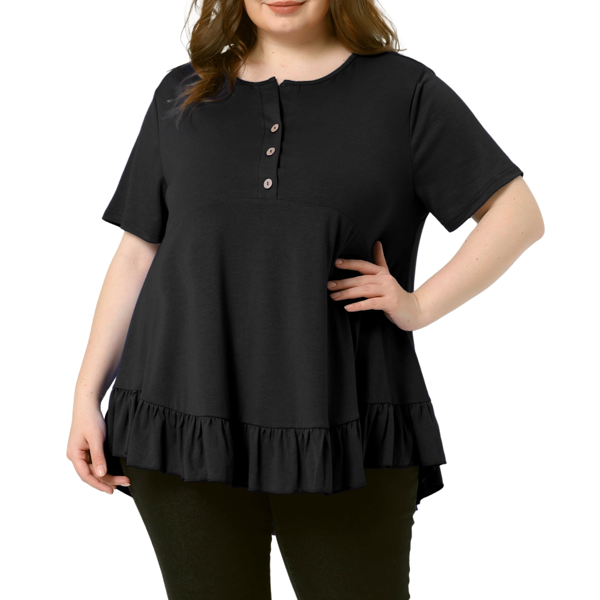 DARING DIVA Women's Plus T Shirts Henley V Neck Button Up  Ruffled Blouses Tops 2X Black