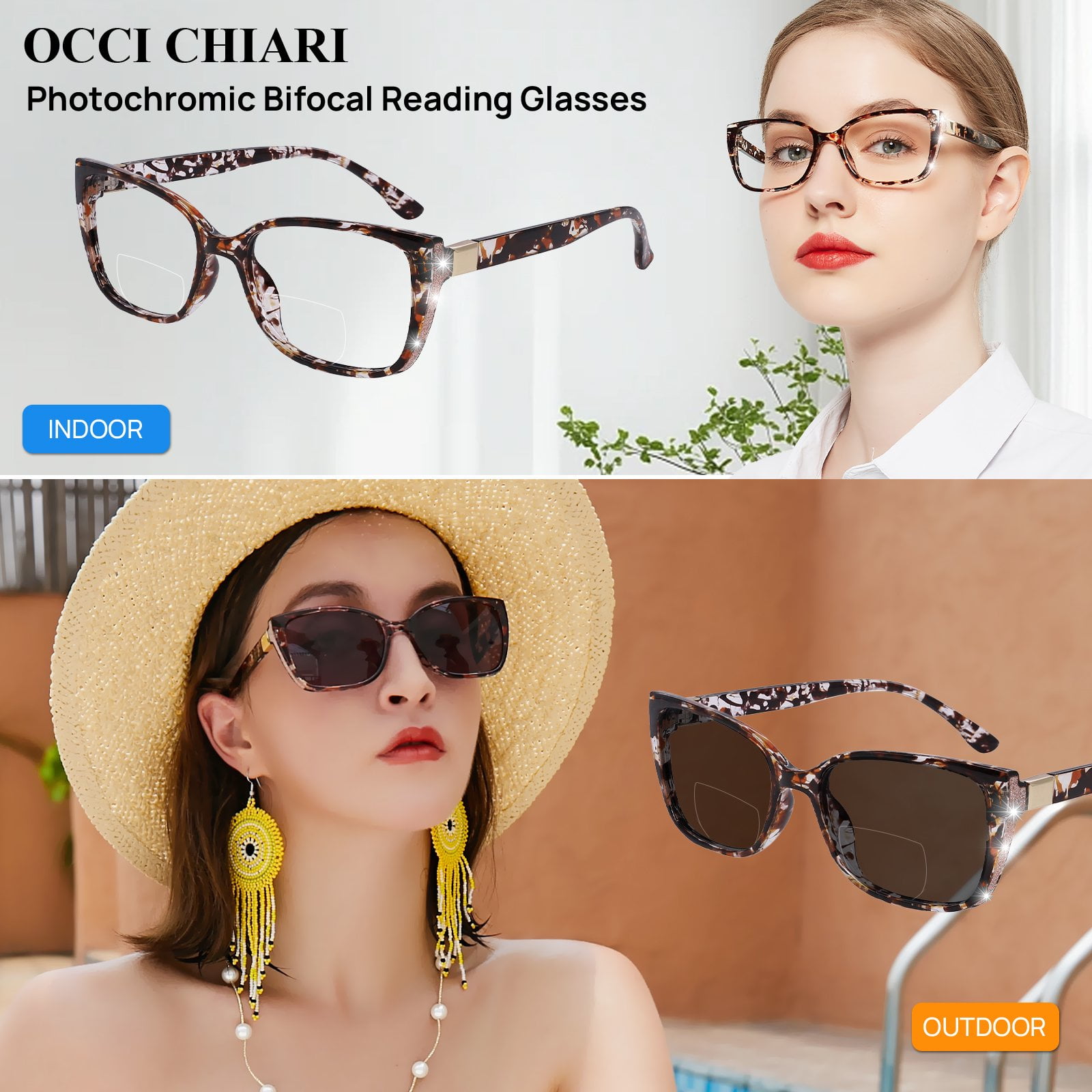 OCCI CHIARI Photochromic Bifocal Reading Glasses for Womens,Large Square Blue Light Blocking & UV400 Protection Sunglasses Readers 100 150 200 250 300 350 400(Brown +2.50)