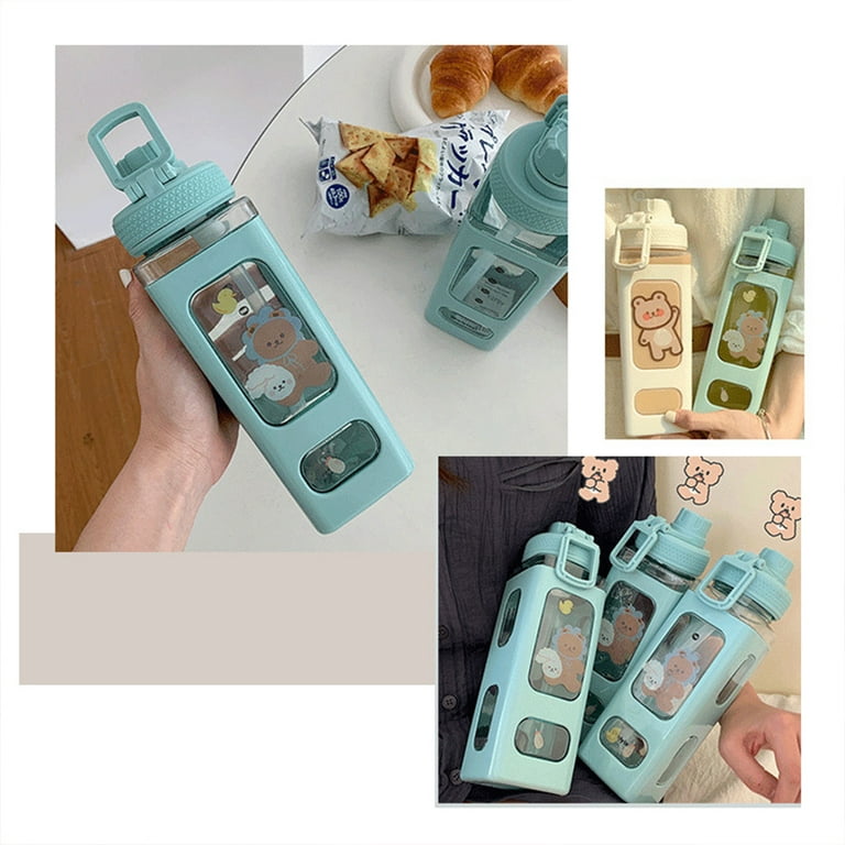  JQWSVE Cute Water Bottles, Kawaii Bear Water Bottle with Straw  and Sticker, Portable Square Drinking Bottle Cute Juice Tea Water Cup :  Home & Kitchen