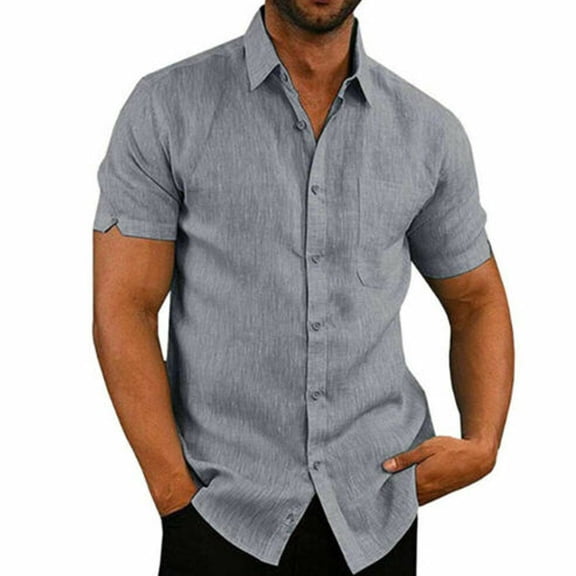Mens Linen Short Sleeve Summer Solid Shirts Casual Loose Dress Soft Tops Tee