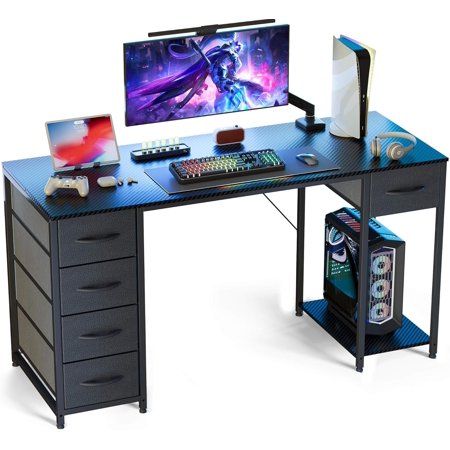 Computer Desk with 5 Fabric Drawers 47 Inch Home Office Desk with Storage Shelves Gaming Writing Work Study Table for Bedroom Living Room Black