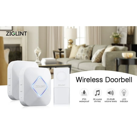 ZIGLINT Wireless Doorbell, IP55 Waterproof Door Chime Kit Operating at over 500 Feet Range with 2 Receivers, 58 Chimes, 4 Adjustable Volume Levels and LED