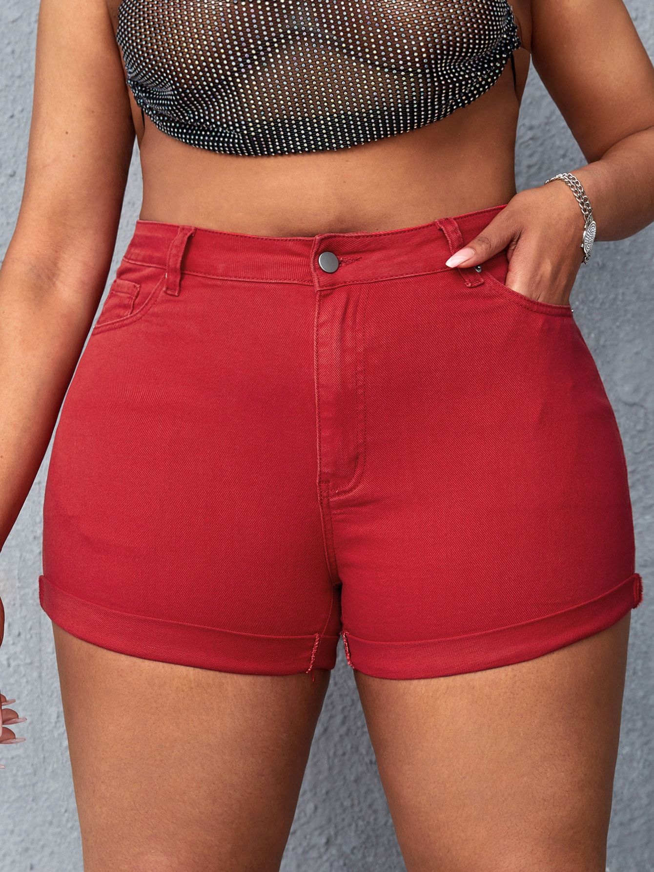 High Waist Roll Hem Denim Shorts 2XL(16 