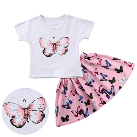 2Pcs Toddler Kids Girls Clothing Kids Baby Girls Butterfly Short sleeve T-shirt Tops Shorts Skirts Children Girls Outfits Clothes Set