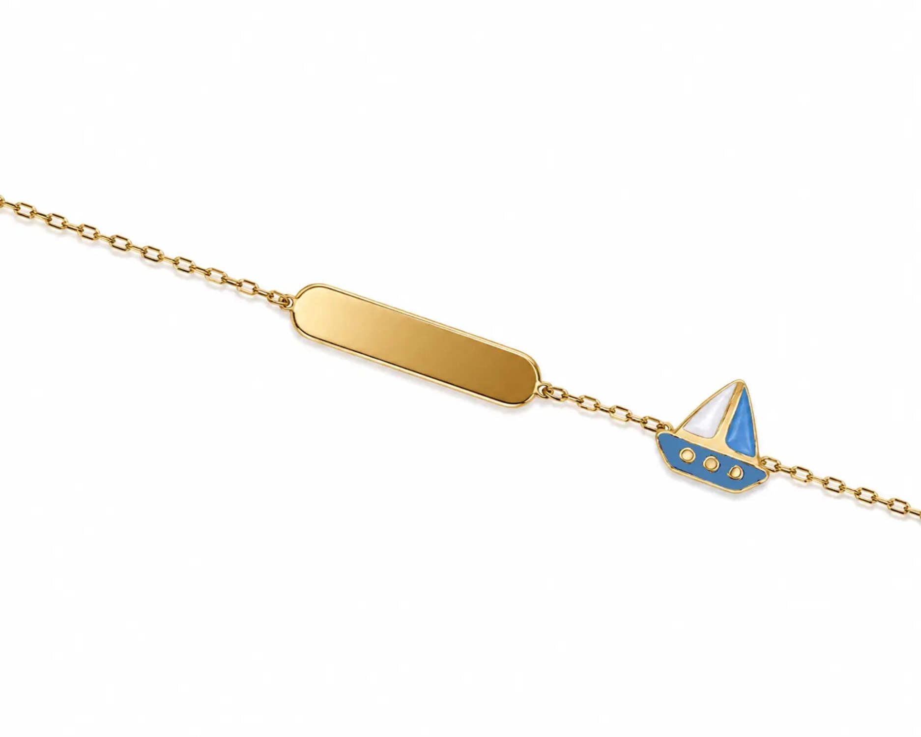 18K Solid Yellow Gold Light blue and white Enamel Sail Boat Id Bracelet 5.5 inches with extra ring at 4.75 inches
