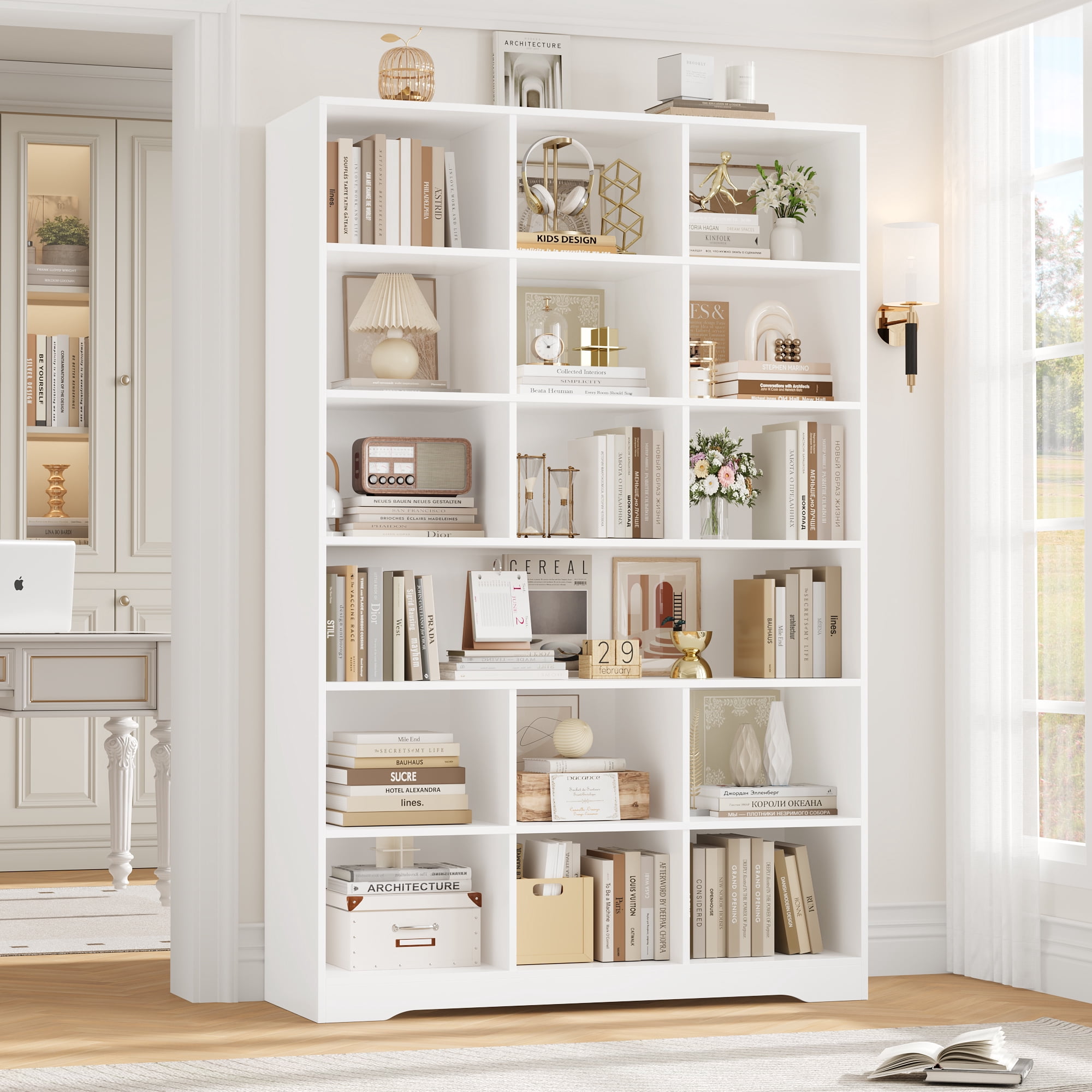 Hiphuta 76"H x 47"W Wood 6-Tier Standard Bookcase, Tall Bookcase for Bedroom, Freestanding 18 Cubes Display Storage Shelves, Living Room and Office, White