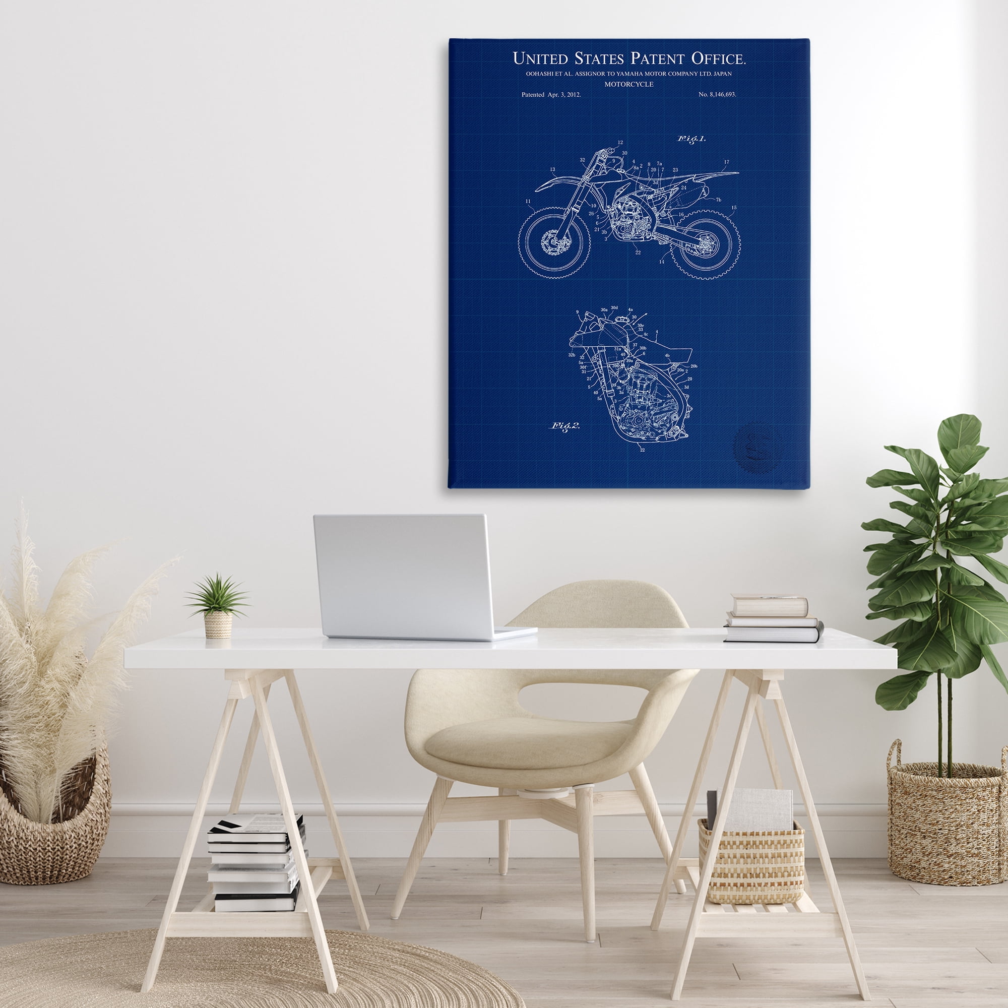 Stupell Industries Blue Motorcycle Blueprint Transportation Painting Gallery Wrapped Canvas Art Print Wall Art, 36 x 48