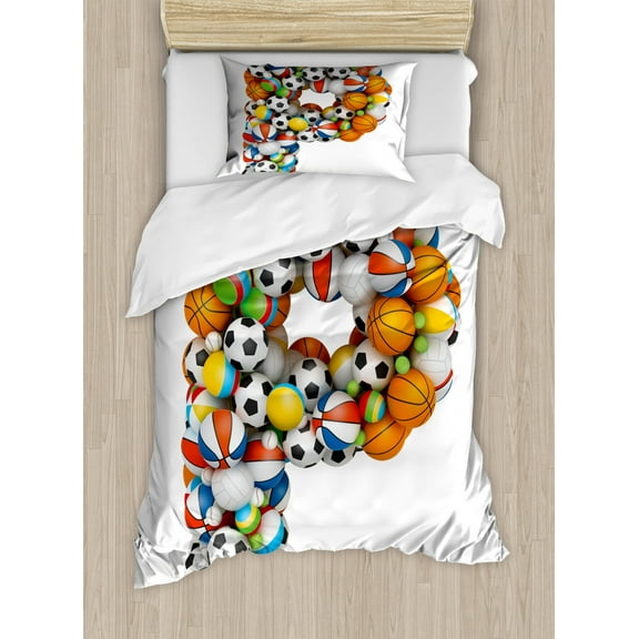 Letter P Twin Size Duvet Cover Set, Conceptual Typography Design Alphabet and Sports Theme Font Type with Many Balls, Decorative 2 Piece Bedding Set with 1 Pillow Sham, Multicolor, by Ambesonne