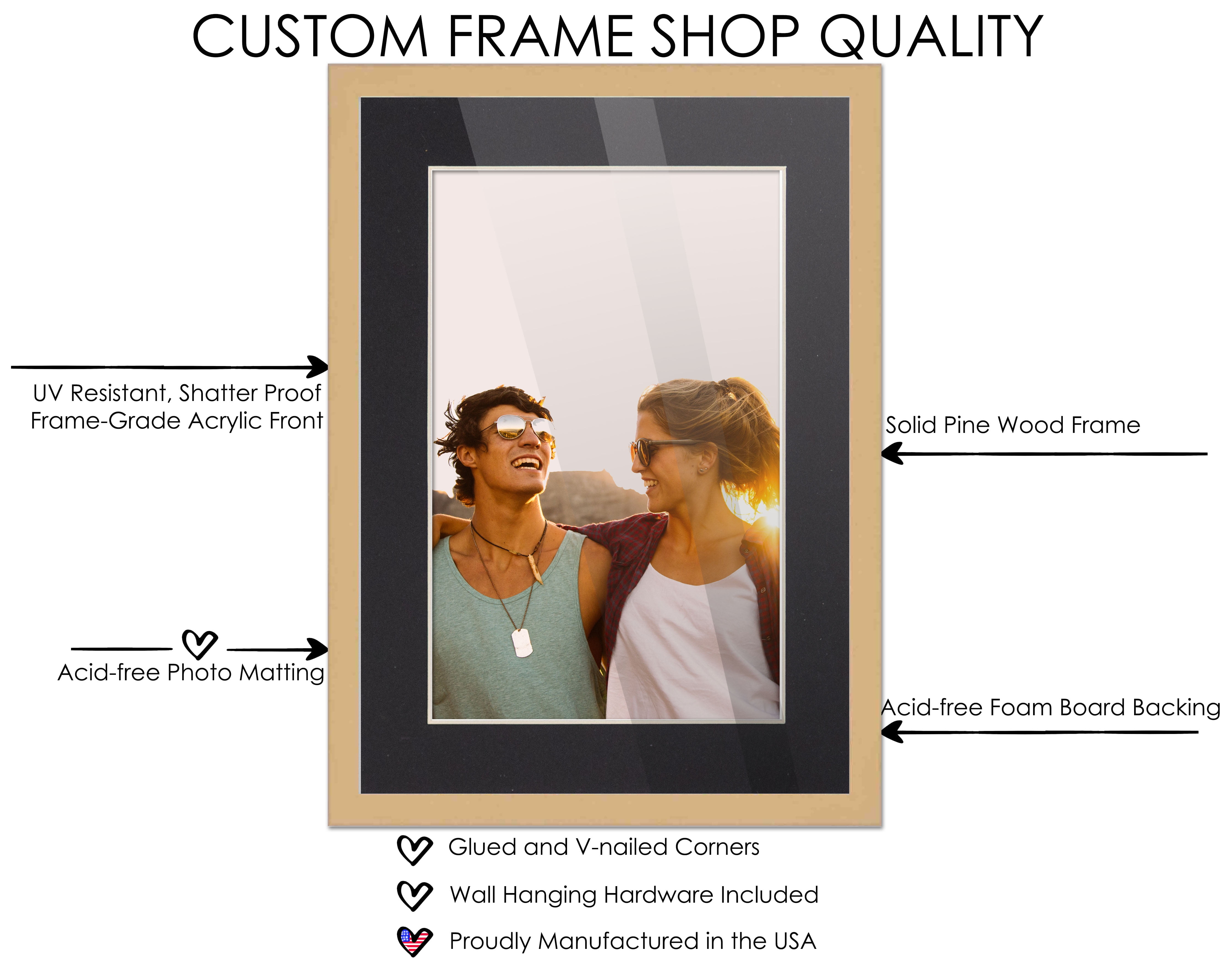 13x17 Natural Picture Frame with 10.5x14.5 Black Mat Opening for 11x15 Image, 0.75 Inch Border, UV