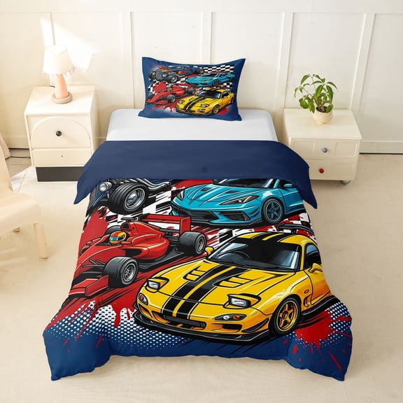 Castle Fairy Retro Race Car Twin Bedding for Teens, Checkered Flag Duvet Cover Set for Bedroom, Blue Yellow,Navy Blue Reversible,2pcs,No Comforter