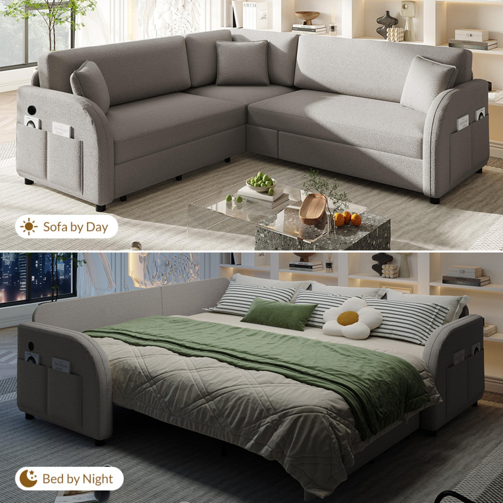 LLappuil Sectional Sofa, 85" Sectional Couch with Pull Out Sofa Bed King Size, 5 Seat Sofa Convertible Sofa Bed for Living Room Light Gray