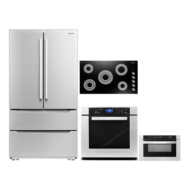 Cosmo 4 Piece Kitchen Appliance Package 36 Electric Cooktop 30 Single  Electric Wall Oven 24 Built-In Microwave Drawer & French Door Refrigerator