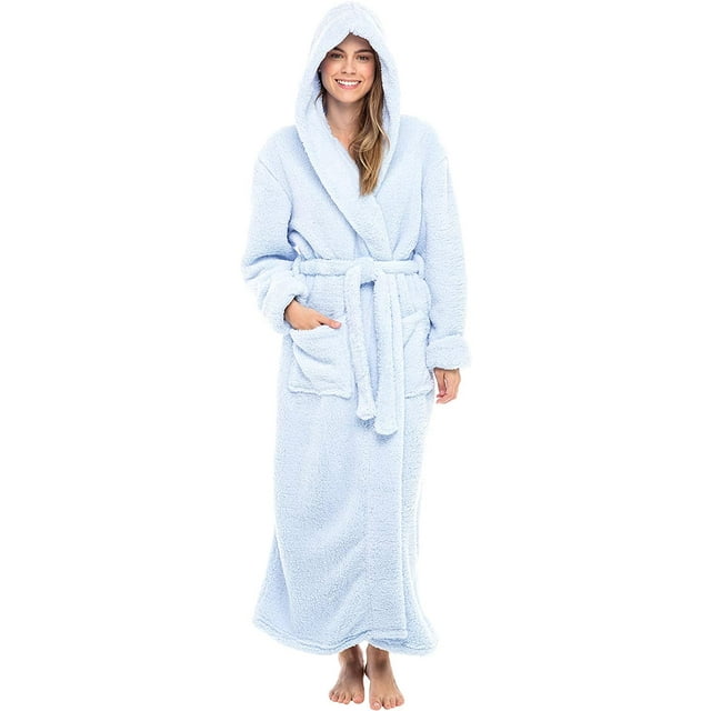 Women's Plush Fleece Robe with Hood, Long Warm Solid Bathrobe