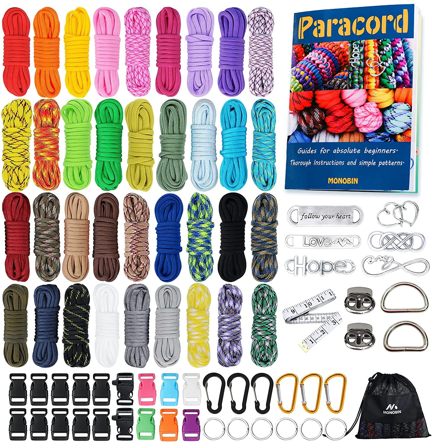 MONOBIN Paracord Combo Kits Survival Rope Making lanyards,Dog Collar,Bracelet 550 Type III Parachute Cord Cool and Warm Bracelet Crafting Kits
