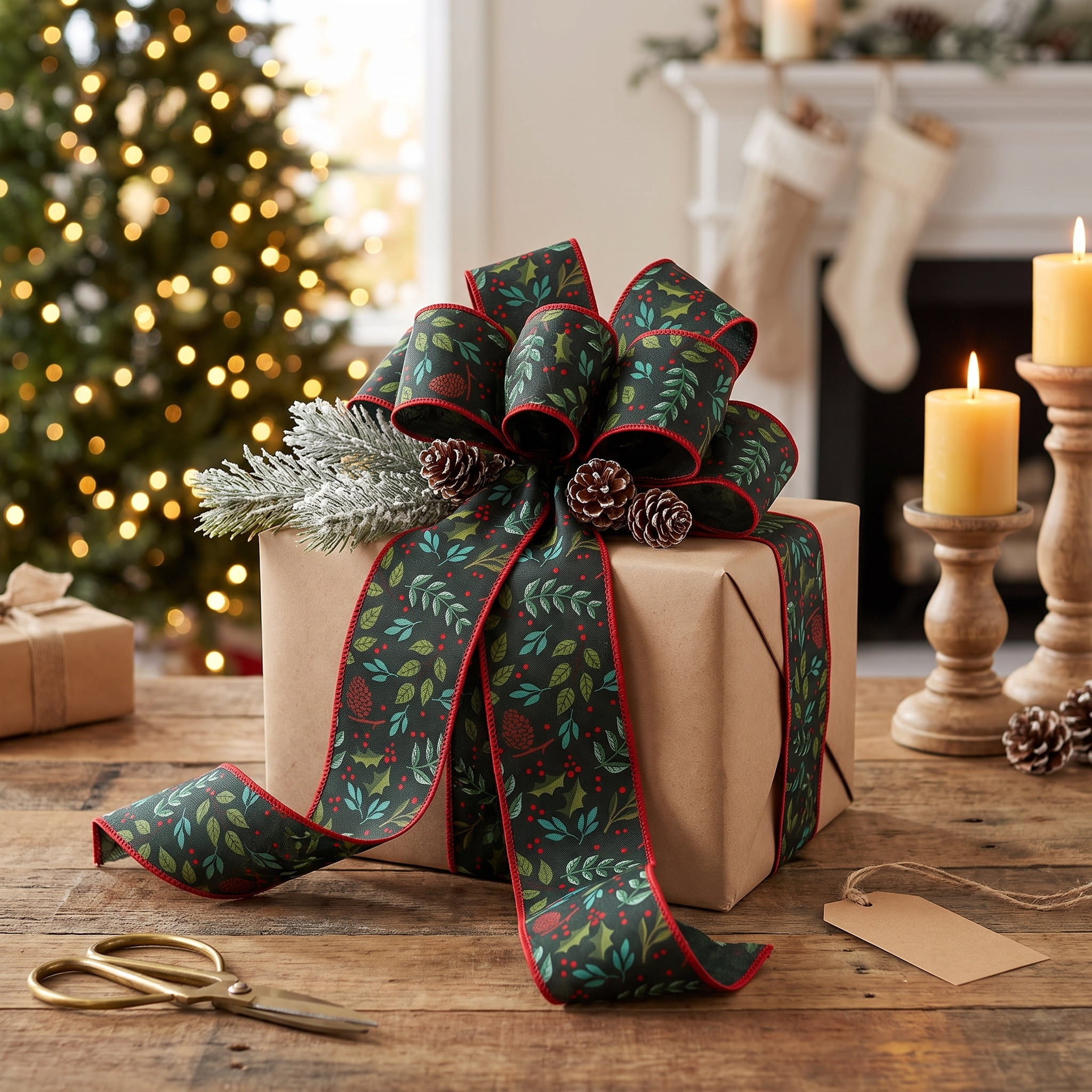 Multicolor Pinecone and Leaf Christmas Ribbon, 2.5" x 15', by Holiday Time
