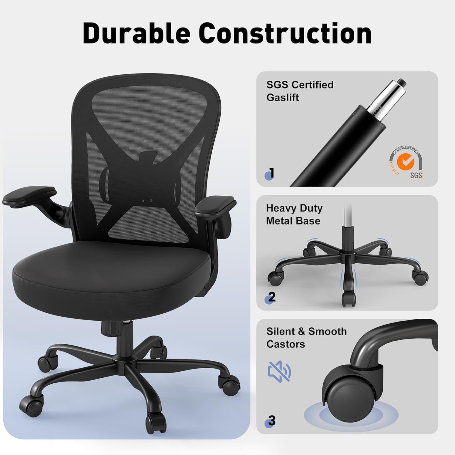 YERAIRR Office Chair, Ergonomic Desk Chair with Lumbar Support and Adjustable Armrests,Breathable Mesh Mid Back Computer Chair, Reclining Task Chair for Home Office, Black