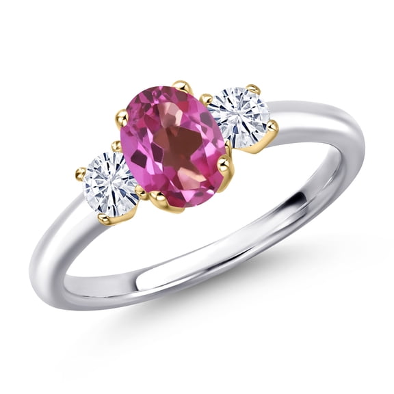 Gem Stone King 10K Two Tone Gold Pink Mystic Topaz and White Moissanite Engagement Ring for Women | 1.12 Cttw | Oval 7X5MM | Gemstone November Birthstone | Size 9