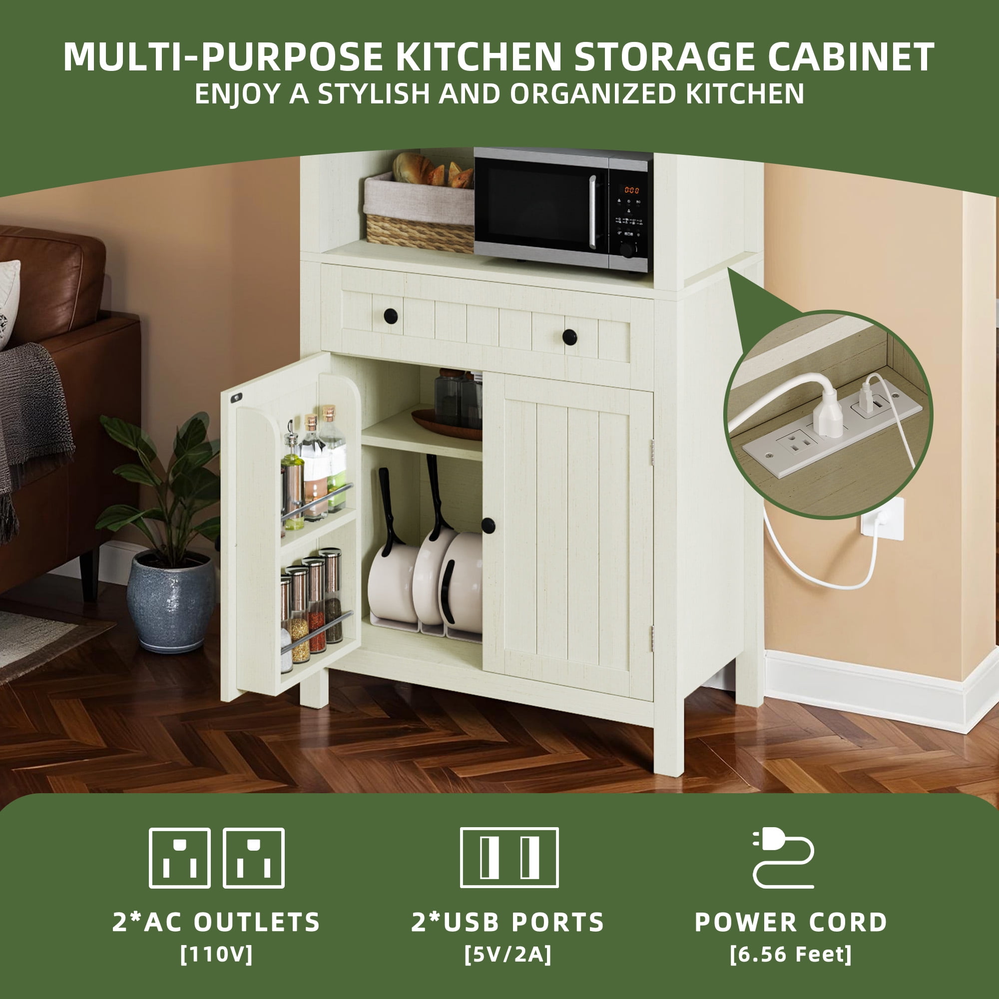 Uforic Arched Kitchen Pantry Cabinet, 73" Tall Farmhouse Wood Pantry Shelves with Charging Station, White