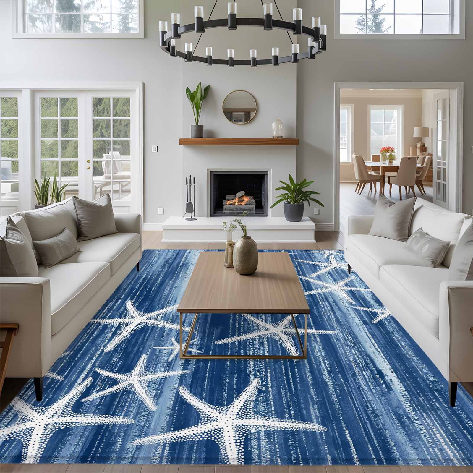 Rectangle Area Rugs 5 x 8 Ft, Navy Blue Coastal Non-Slip Residential Carpet, Summer Ocean Waves Ombre Sea Starfish Indoor Crawling Mats Runner Rugs for Living Room/Dining Room/Bedroom
