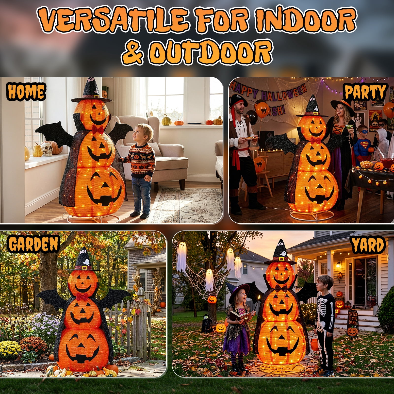 5ft Orange 3-Tier Retractable Fabric Pumpkin with 130 LED Lights for Halloween