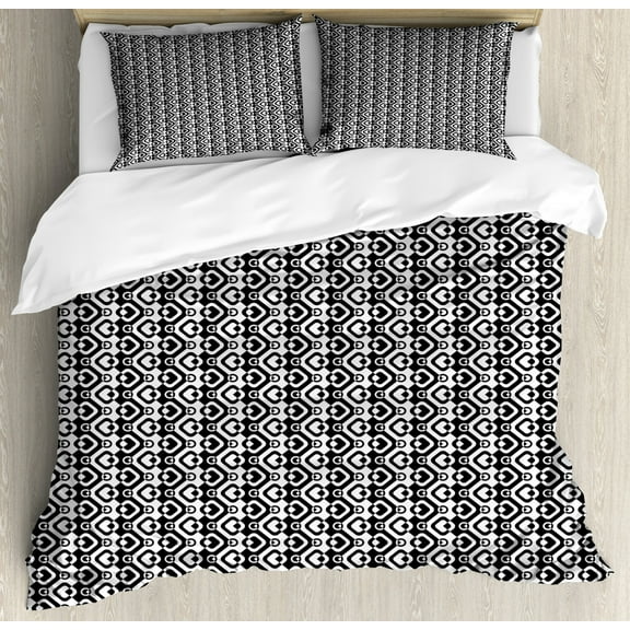 Geometric King Size Duvet Cover Set, Chevron Zigzags Rhombus and Circles Pattern Monochrome Abstract Illustration, Decorative 3 Piece Bedding Set with 2 Pillow Shams, Black and White, by Ambesonne