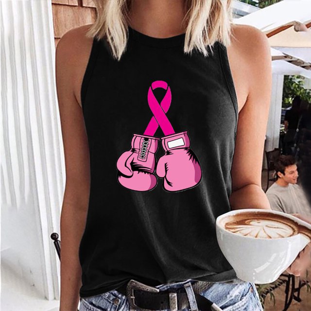 TIMIFIS Breast Cancer Ribbon Women's Racerback Tank Casual Sleeveless Printed Ladies Round Neck Blouses Tops T-Shirt - Fall/Winter