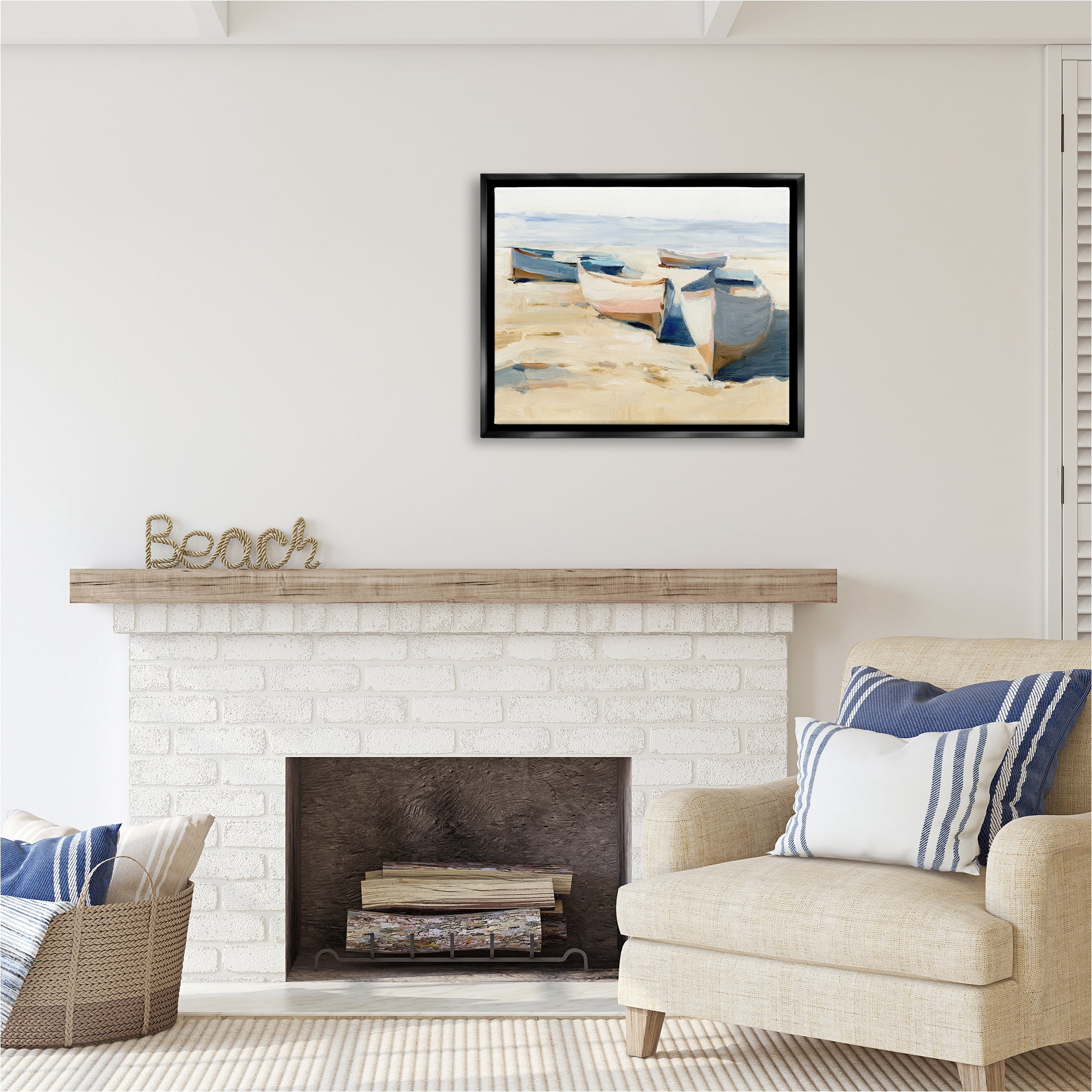 Stupell Industries Boats on Beach Painting Transportation Painting Black Floater Framed Canvas Art Print Wall Art, 31 x 25