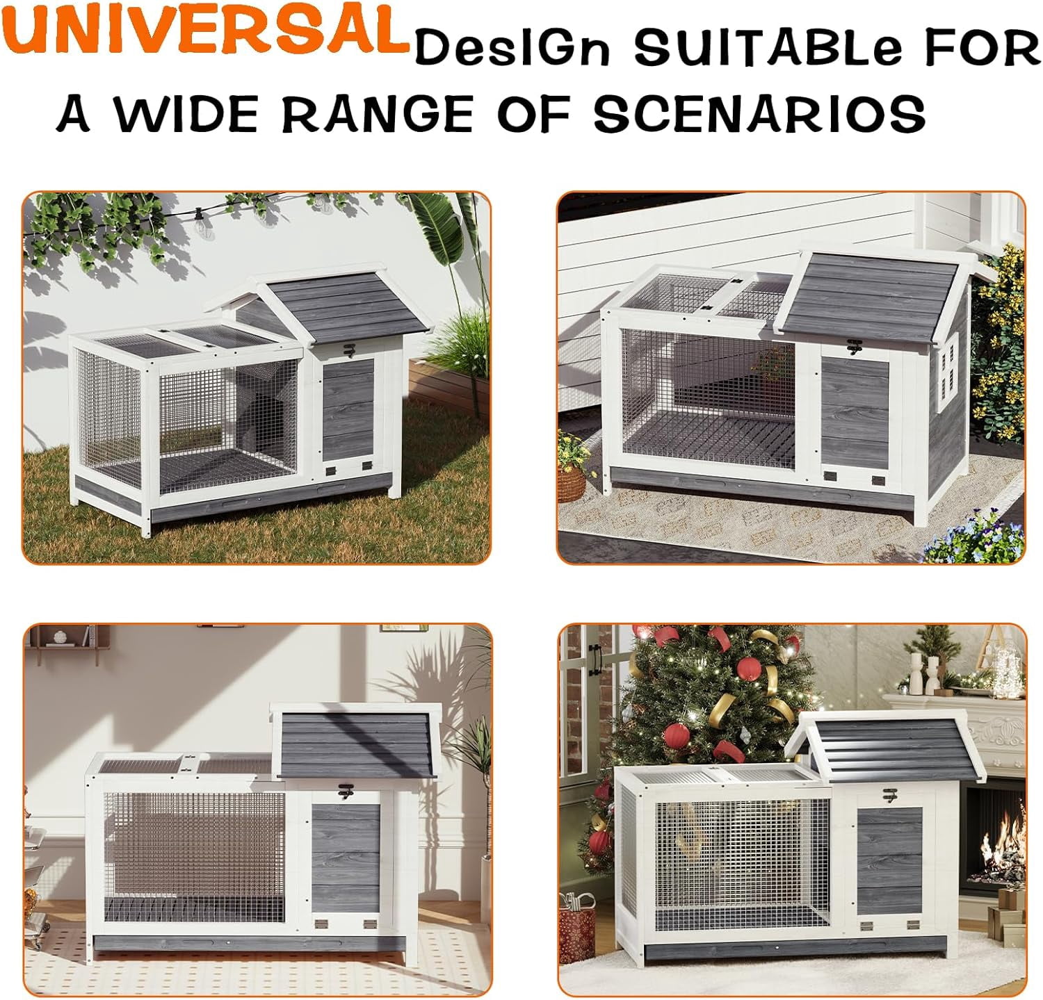 Gaderth Wooden Rabbit Hutch, Indoor/Outdoor Wooden Rabbit Cage with Removable Wire Netting, Weatherproof Bunny Cage with Anti-Chew Metal Frame Ramp for Small Animals