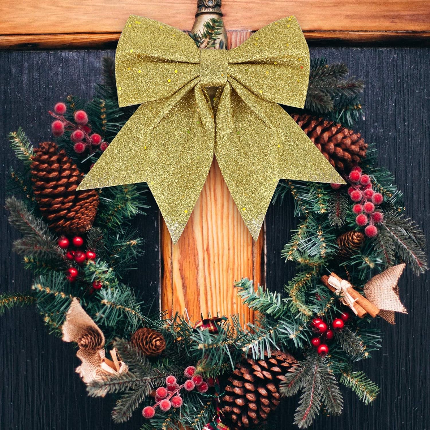 LINLIN Large Gold Glitter Bows for Christmas Tree Decoration- 5PCS Christmas Decorative Bows Christmas Tree Bow Christmas Bows Decorative Xmas Decor Wreath Ornament
