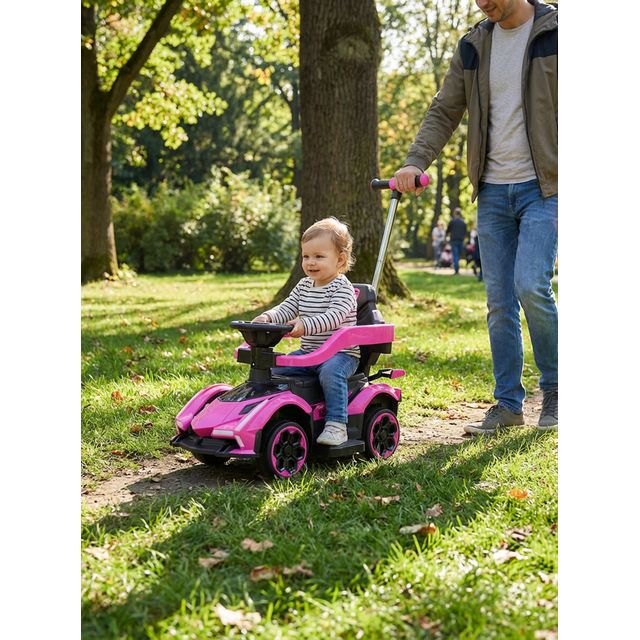 RoverKid 2-in-1 Toddler Sport Ride-On & Push Car in pink with a leather seat, designed for kids aged 2 and up. The image shows a child seated in the ride-on car, which features a supportive seat, protective guardrail, and smooth-rolling wheels. A parent is pushing the car using the rear handle, ideal for guided outdoor play. The car includes a realistic steering wheel and built-in sound effects for interactive fun. Lightweight and durable, it is suitable for both indoor and outdoor use, with a maximum weight capacity of 50 lbs (23 kg).